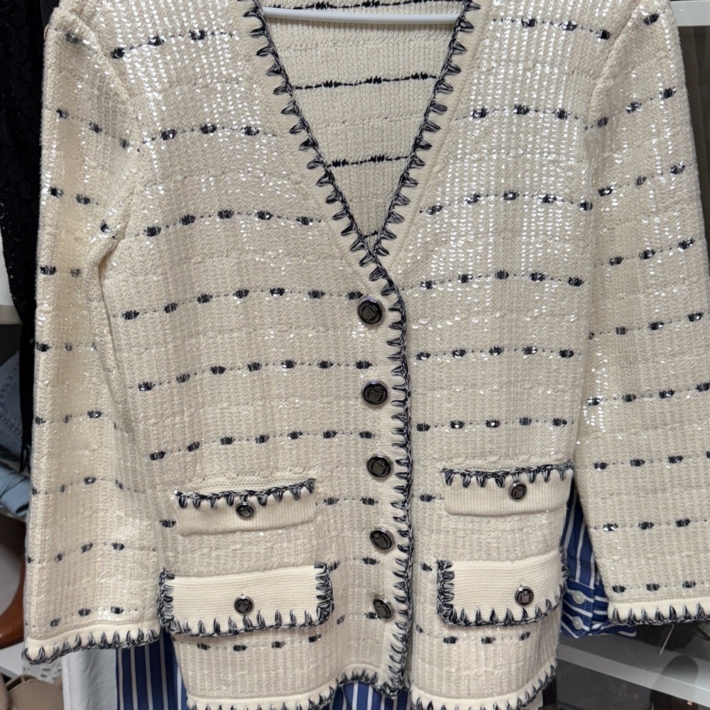Veronica Beard Cream and Navy Button-Up Cardigan Sequin